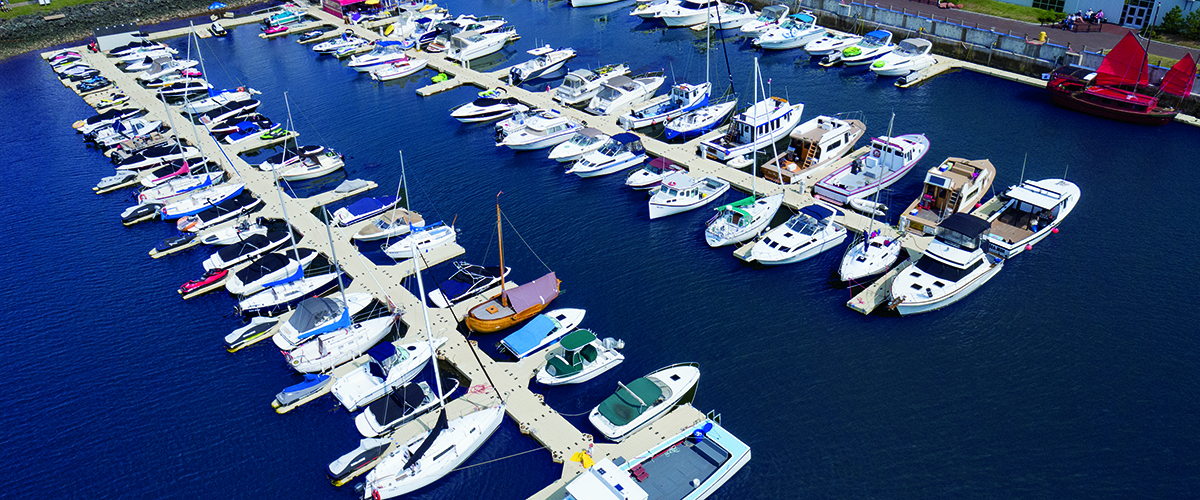 birds eye view of boats and docks